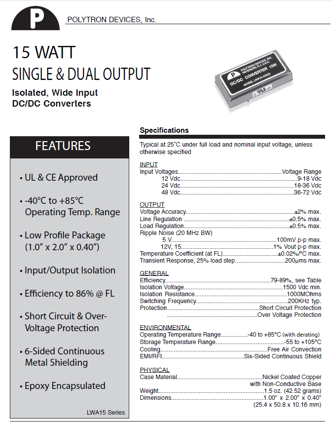 Polytron 15 Watt DC/DC Converters 2:1