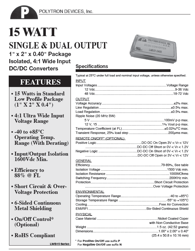 Polytron 15 Watt DC/DC Converters w/Ultra Wide