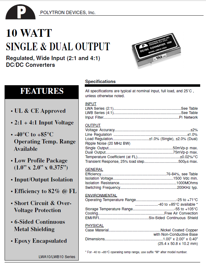 Polytron 10 Watt DC/DC Converters 4:1