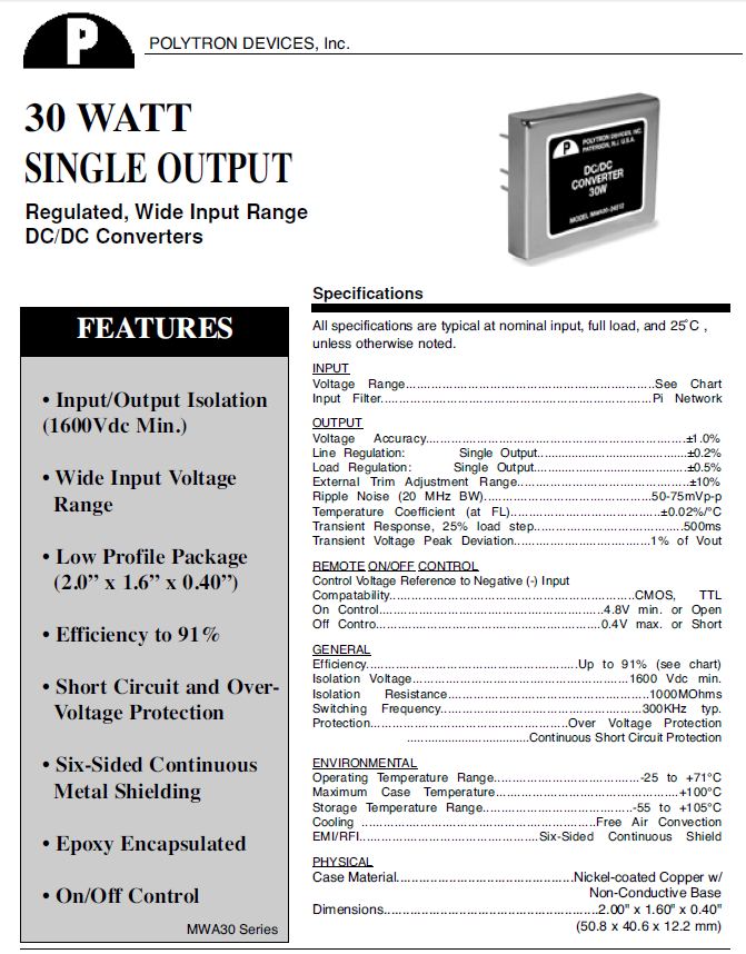 Polytron 30 Watt DC/DC Converters w/Wide Input