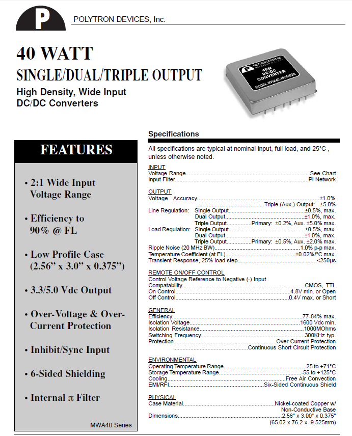 Polytron 40 Watt DC/DC Converters w/Wide Input