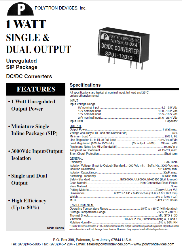 Polytron 1 Watt DC/DC Converters