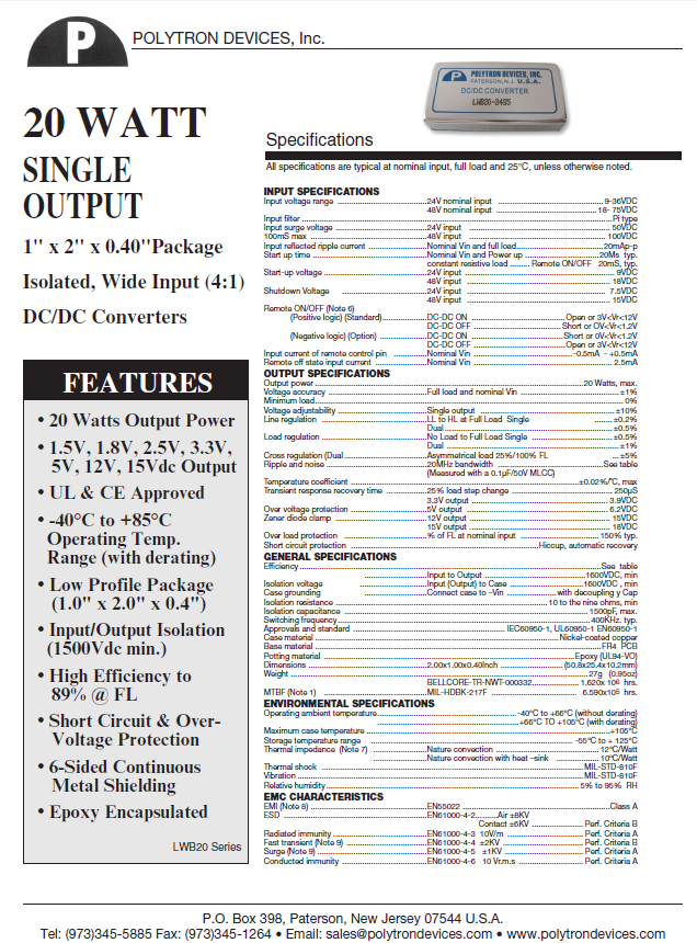 Polytron 20 Watt DC/DC Converters