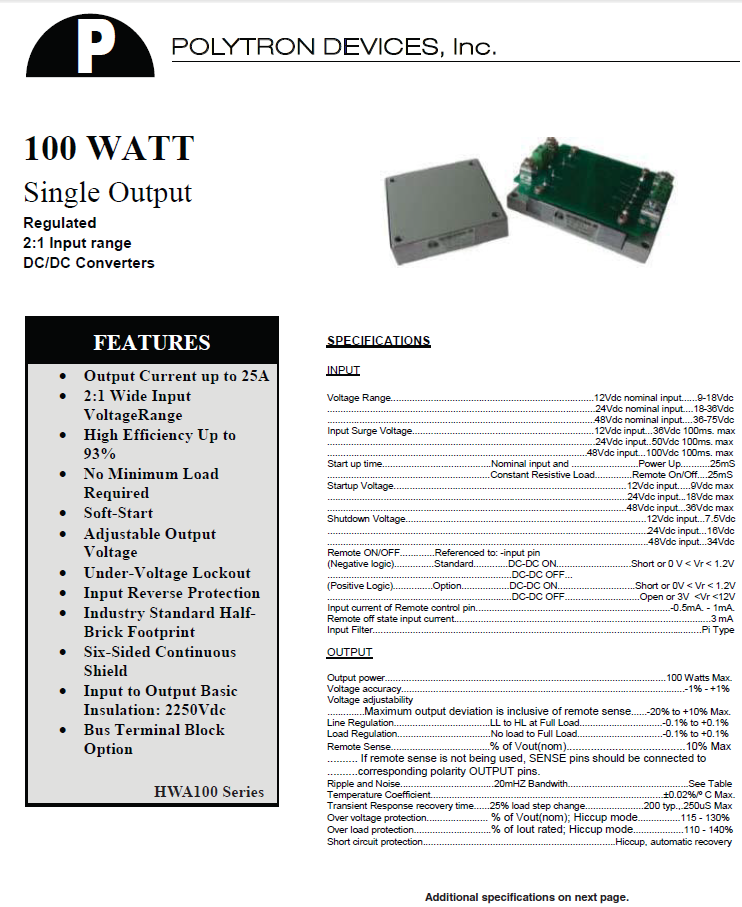 Polytron 100 Watt Regulated DC/DC Converters