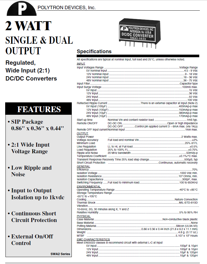 Polytron 2 Watt DC/DC Converters
