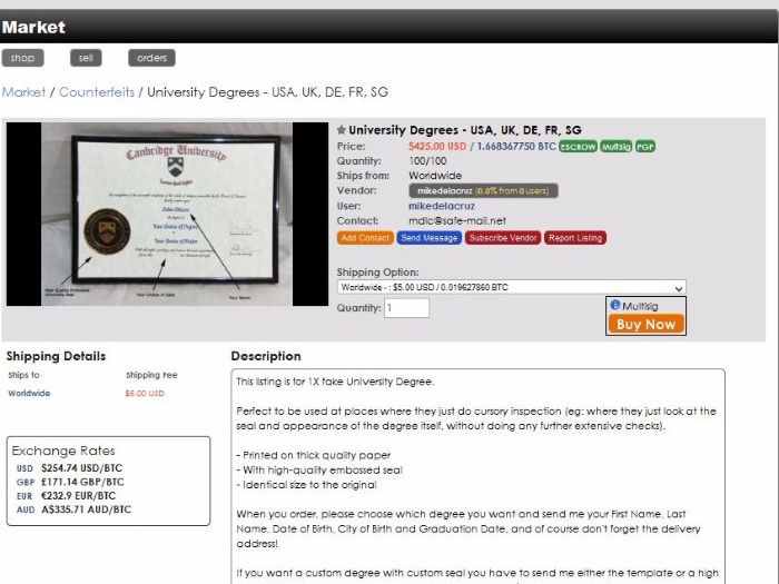Dark web - fake college degree