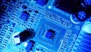 Illustration of circuit board with standard markings on board and electronic components.