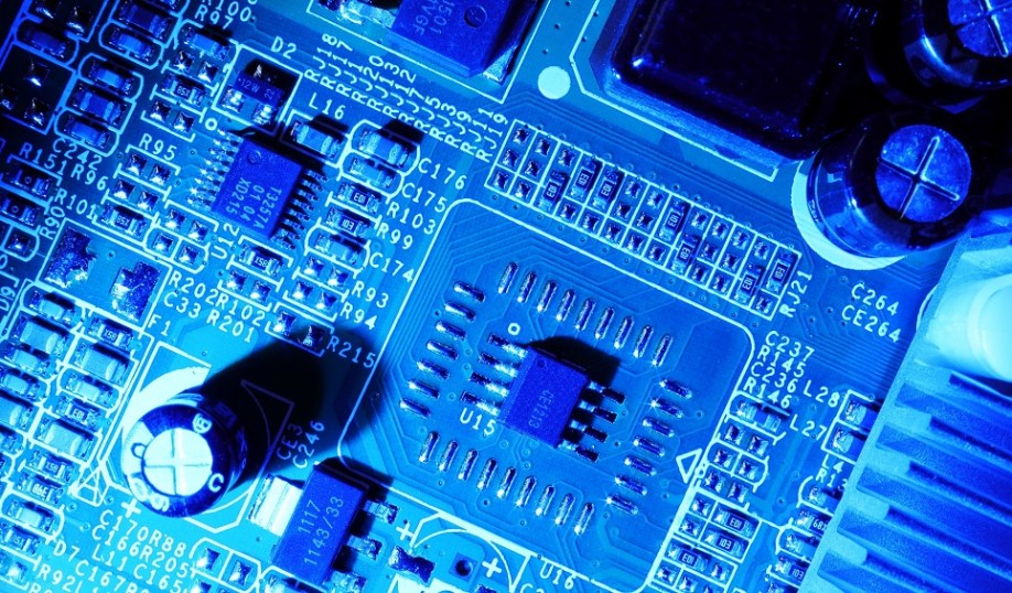 Illustration of circuit board with standard markings on board and electronic components.