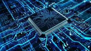 Computing and AI concept with a chip on a board.