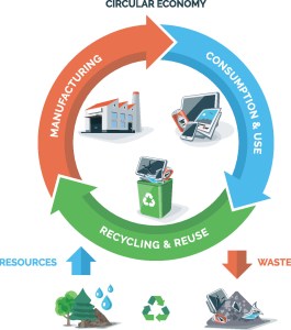 Shutterstock Illustration showing circular economy from manufacturing to recycling and reuse.