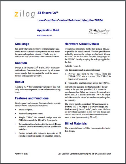 Zilog - Low-Cost Fan Control Solution