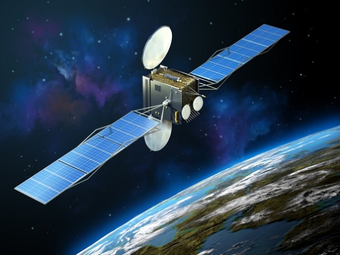 Modern communication satellite in space, close to Earth, illustrating positioning, navigation and timing.